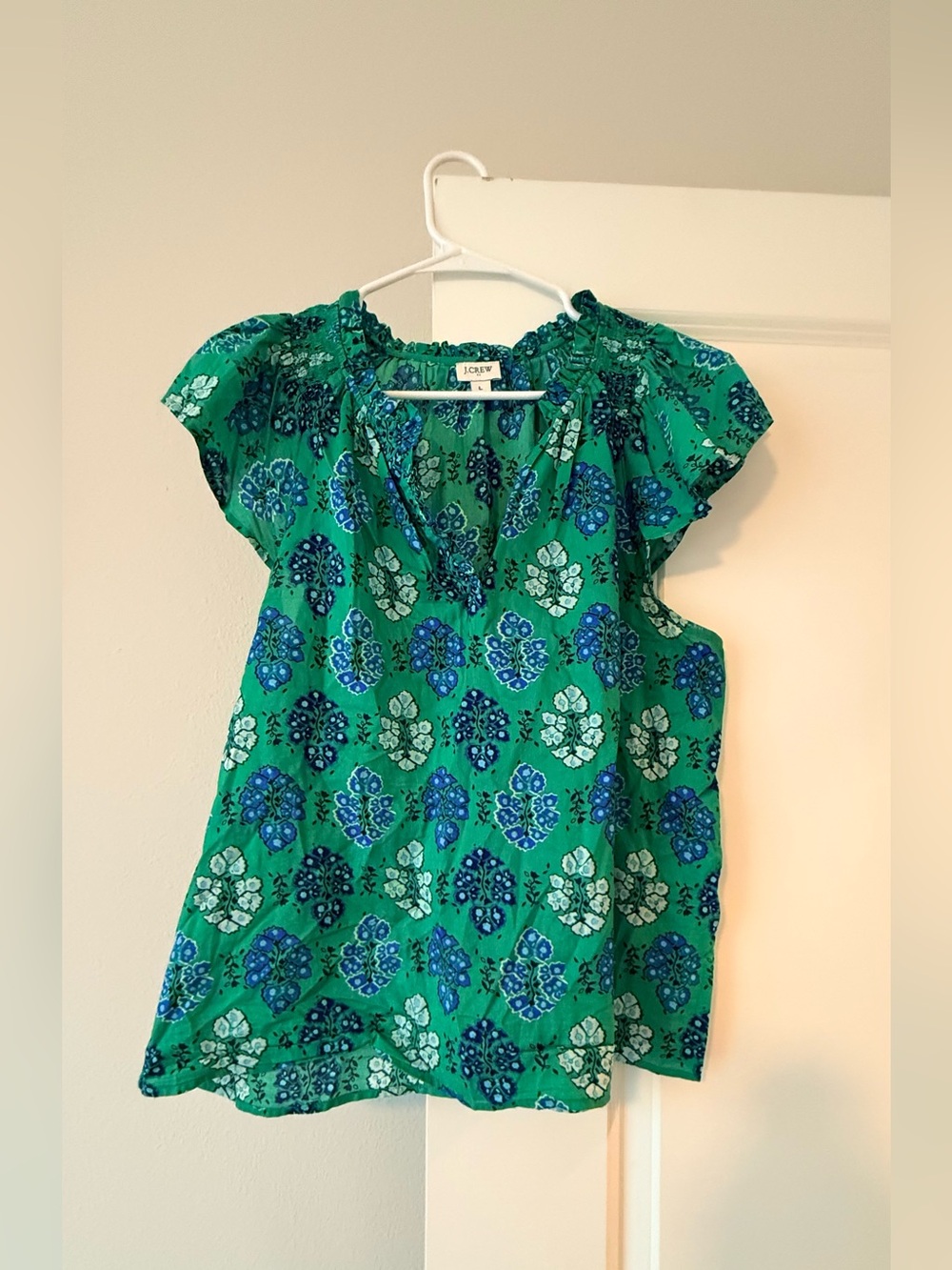 J. Crew Green Floral Cap-Sleeve Blouse
